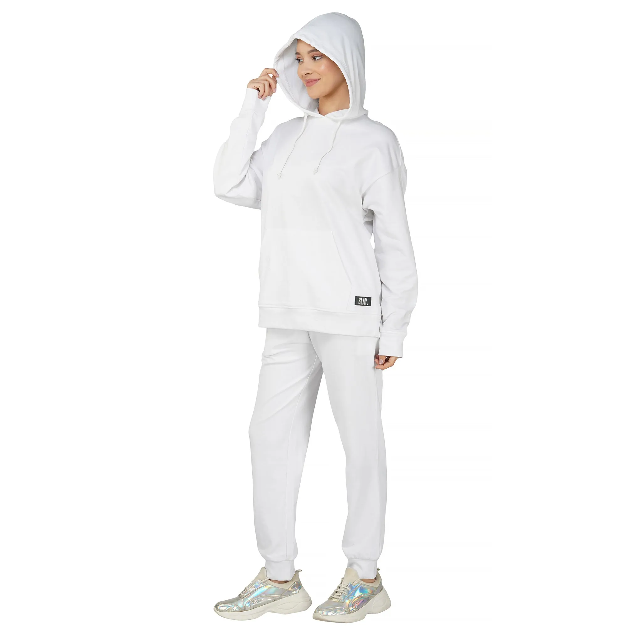 SLAY. Women's White Drop Shoulder Hoodie & Joggers Co-ord Set