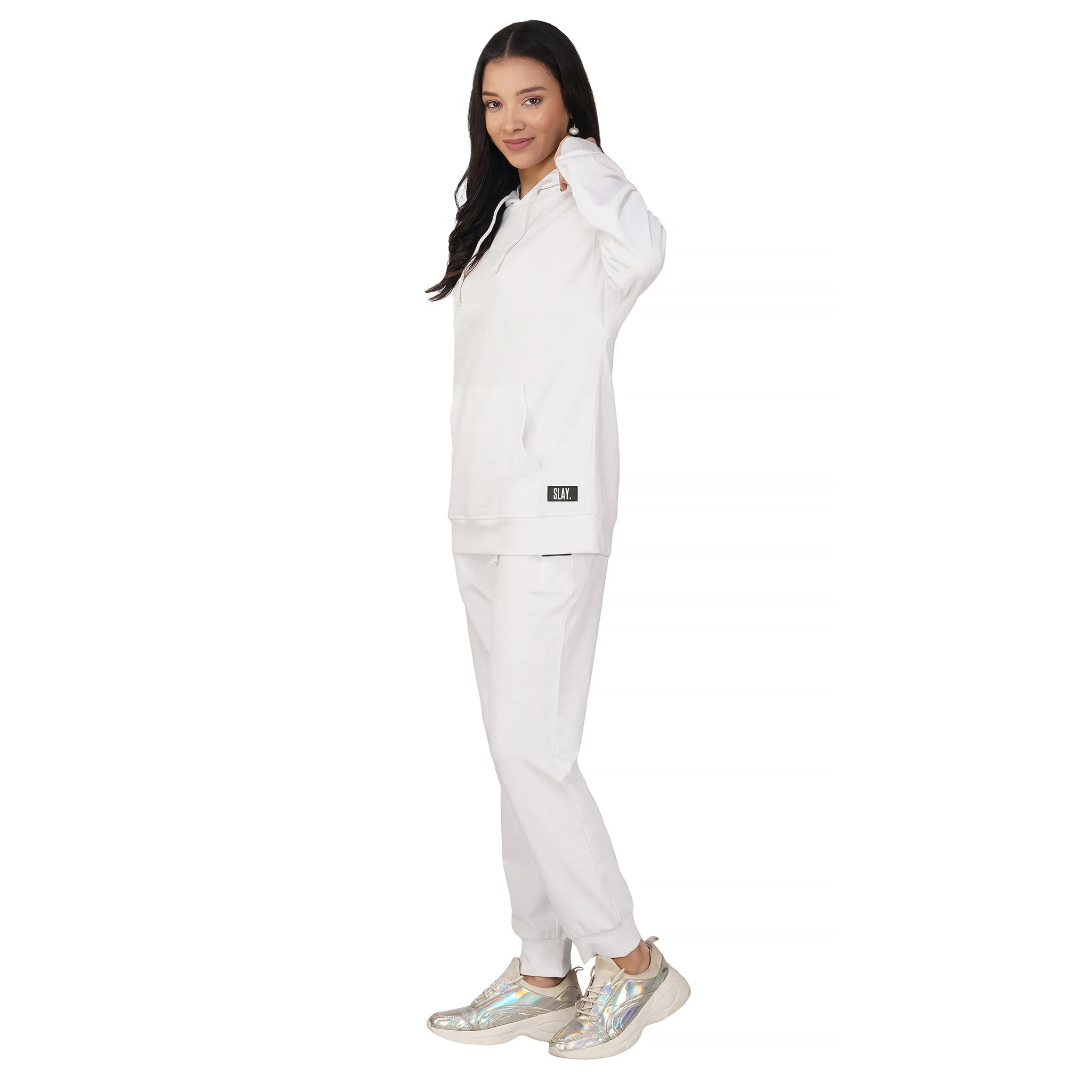 SLAY. Women's White Drop Shoulder Hoodie & Joggers Co-ord Set