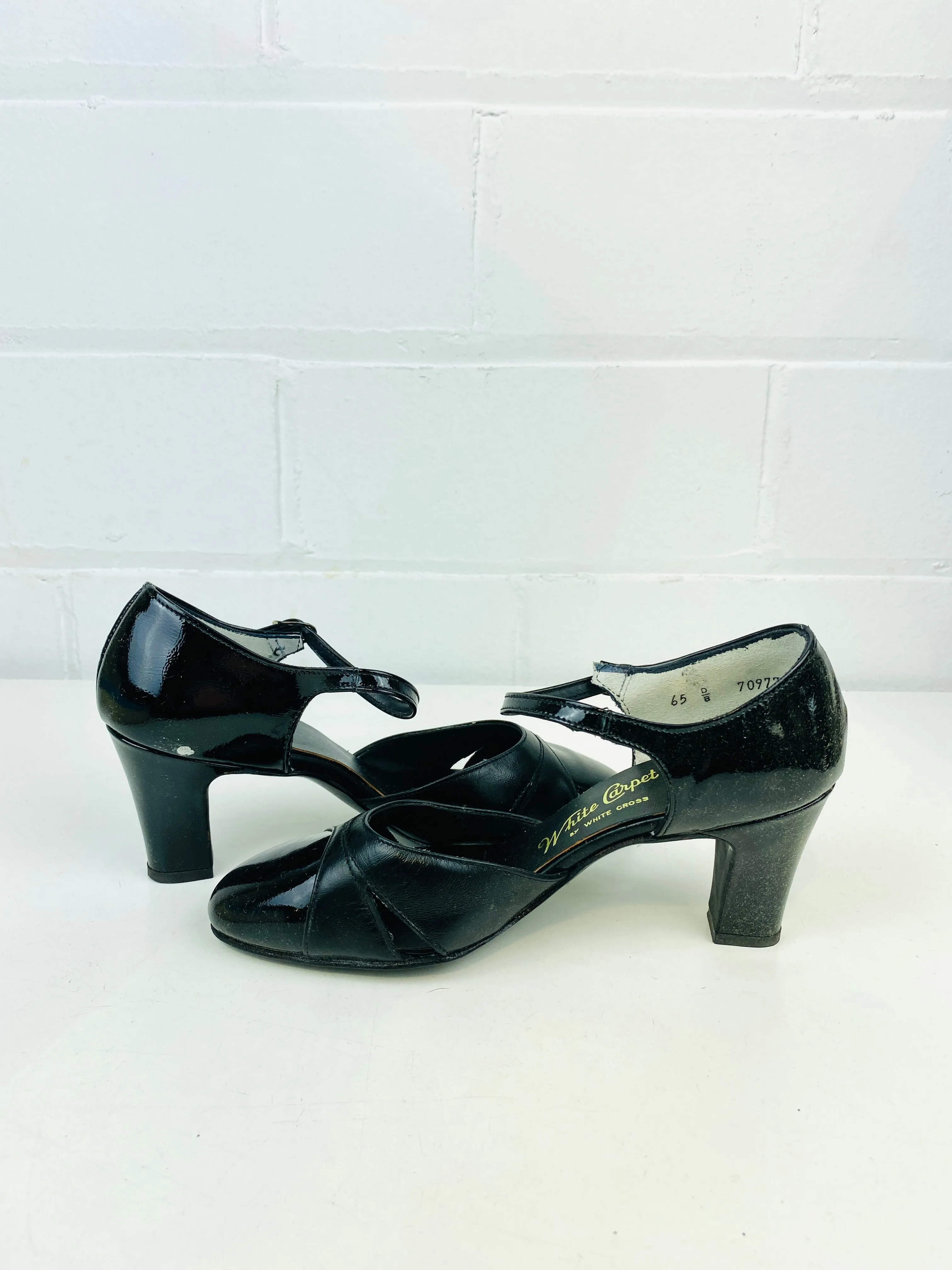 Vintage Deadstock Shoes, Women's 1980s Black Leather Mid-Heel Sandals, NOS, 7489