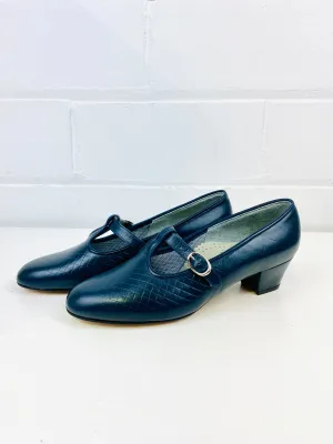 Vintage Deadstock Shoes, Women's 1980s Blue Leather Cuban Heel T-Strap Pump's, NOS, 8595