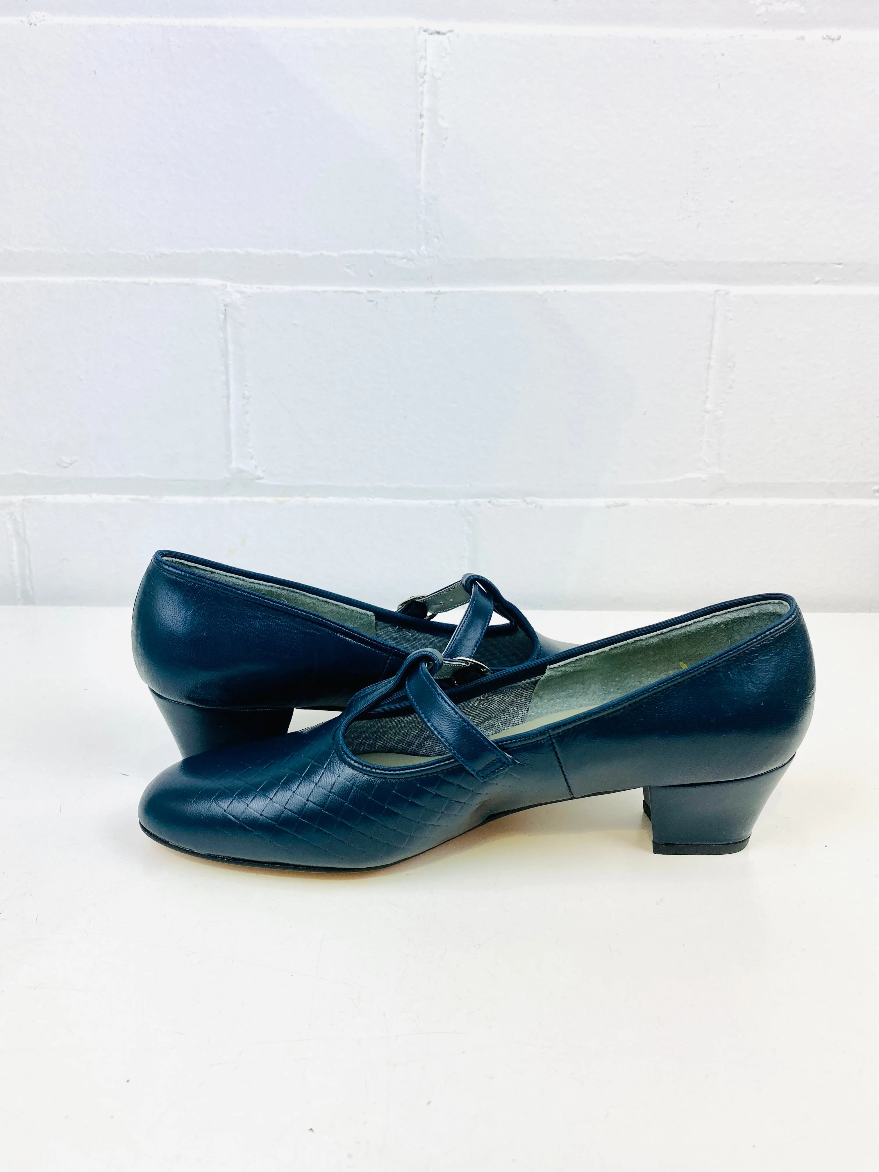 Vintage Deadstock Shoes, Women's 1980s Blue Leather Cuban Heel T-Strap Pump's, NOS, 8595