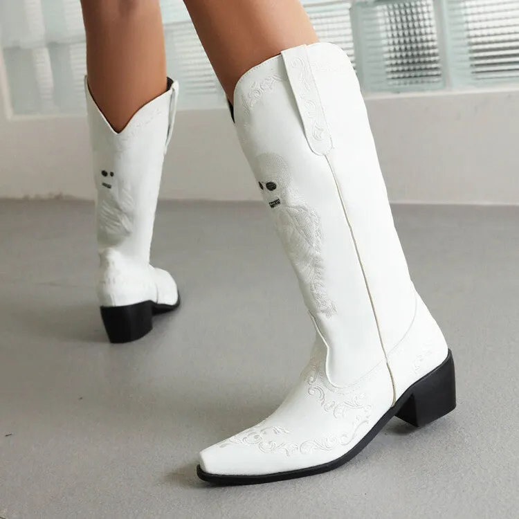 Women's Ethnic Pointed Toe Patchwork Embroidery Low Heels Knee High Boots