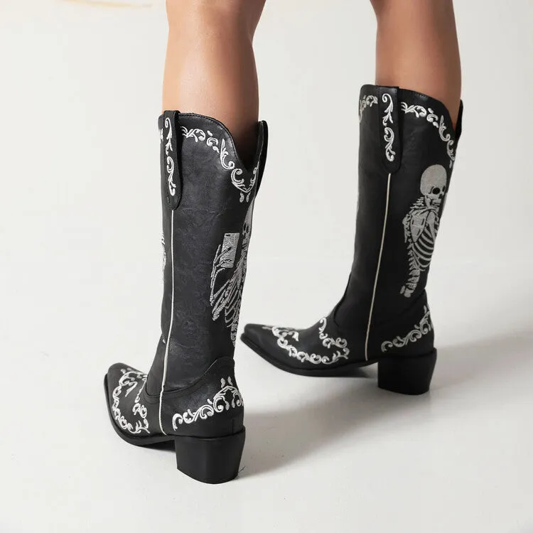 Women's Ethnic Pointed Toe Patchwork Embroidery Low Heels Knee High Boots