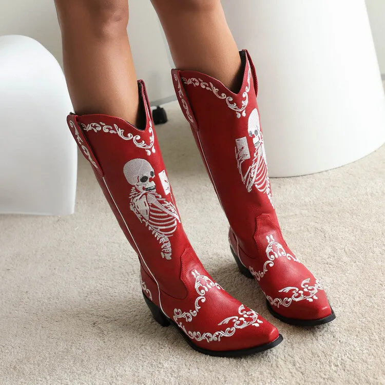 Women's Ethnic Pointed Toe Patchwork Embroidery Low Heels Knee High Boots