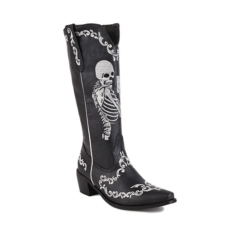 Women's Ethnic Pointed Toe Patchwork Embroidery Low Heels Knee High Boots