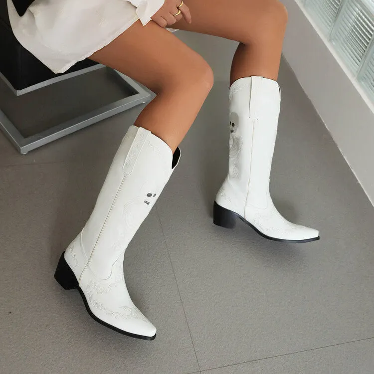 Women's Ethnic Pointed Toe Patchwork Embroidery Low Heels Knee High Boots