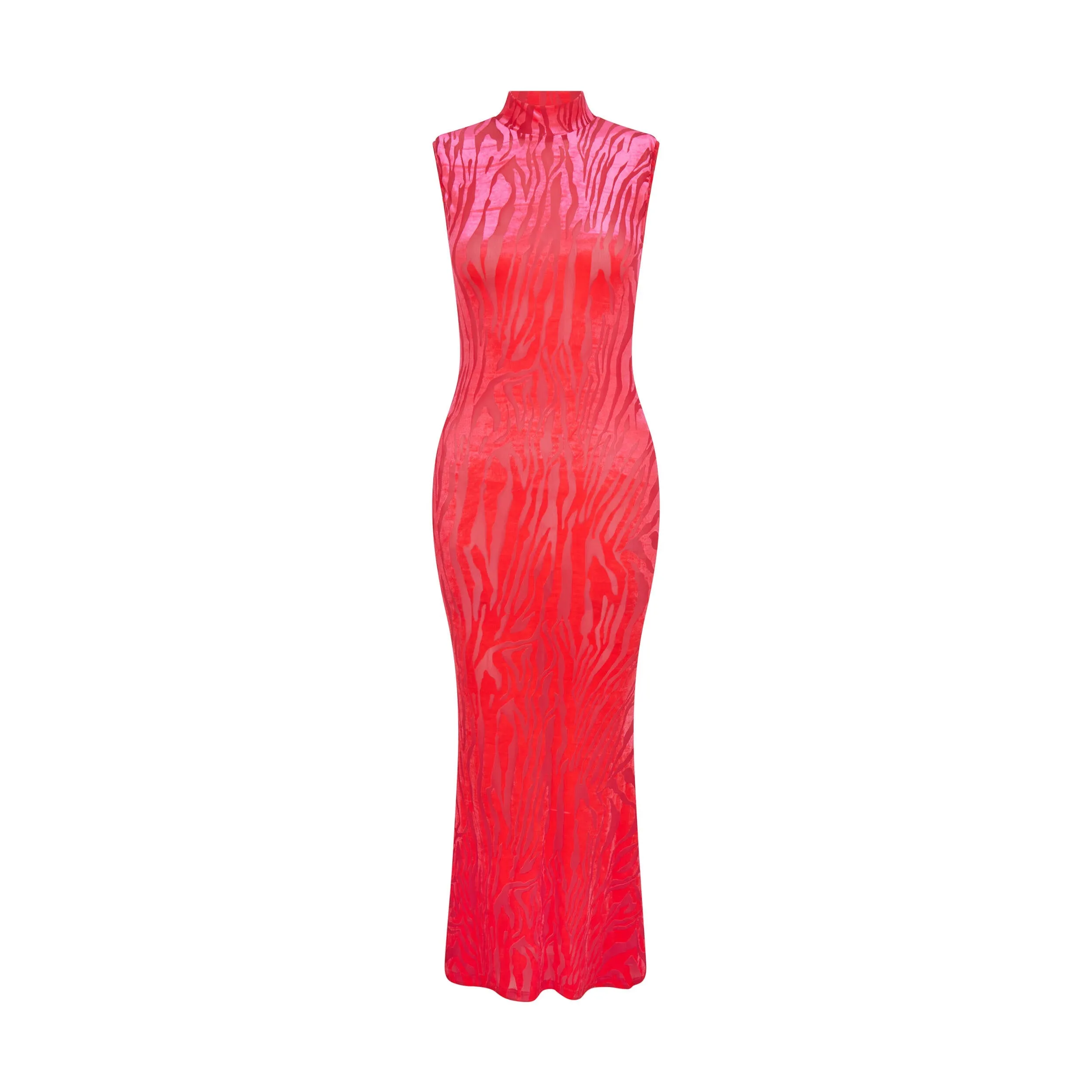 Zebra Pattern High Neck Sleeveless Velvet Dress in Neon Pink